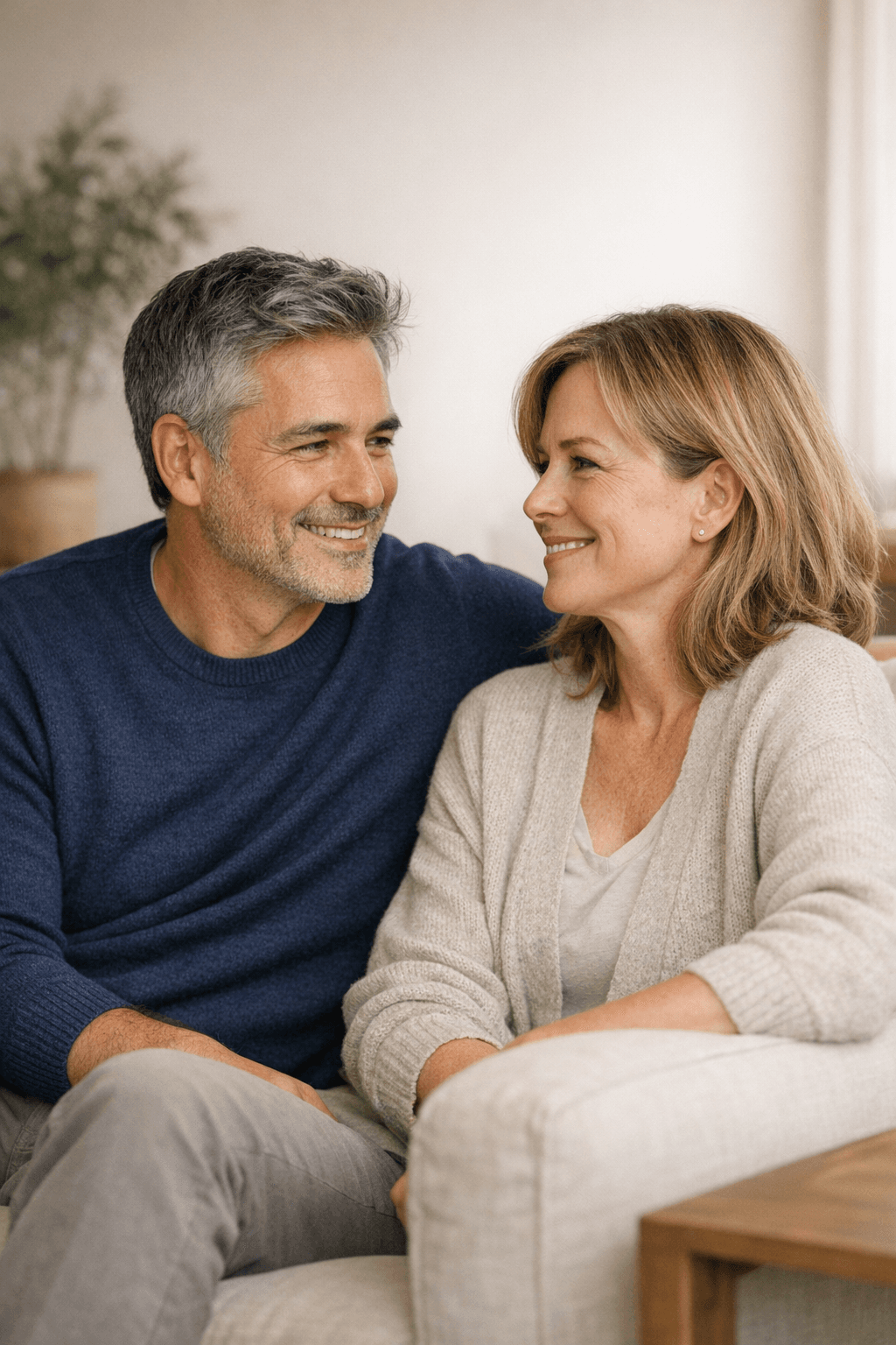 A couple sharing a quiet moment at home — restored connection after sexual health treatment at Tier1 Optimal